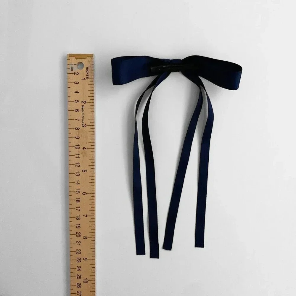 NWT Pretty Girls Long Hair Bows Satin Ribbon Clip on Kids Hair Accessory Navy
